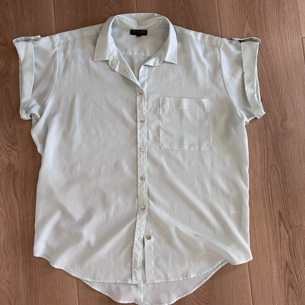 Topshop Sage Green Button-Front Blouse | Size 6 | Soft Drapey Shirt